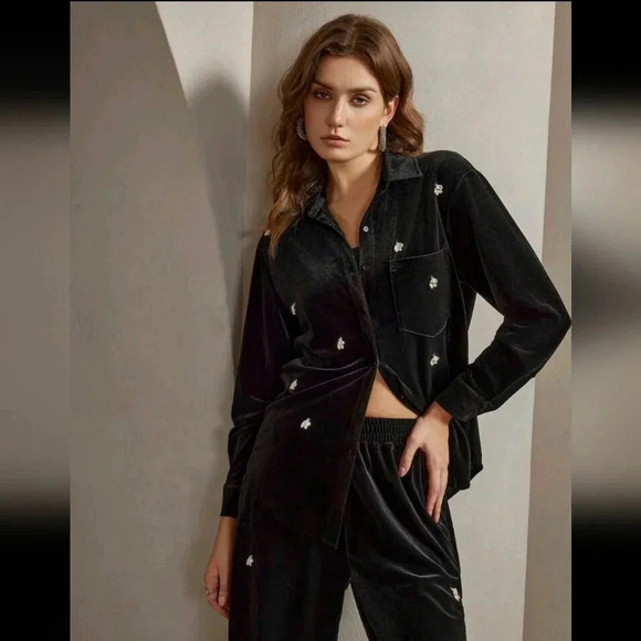 2pcs Fashionable Retro Commuter Velvet Studded Set For Women - Picture 3 of 6